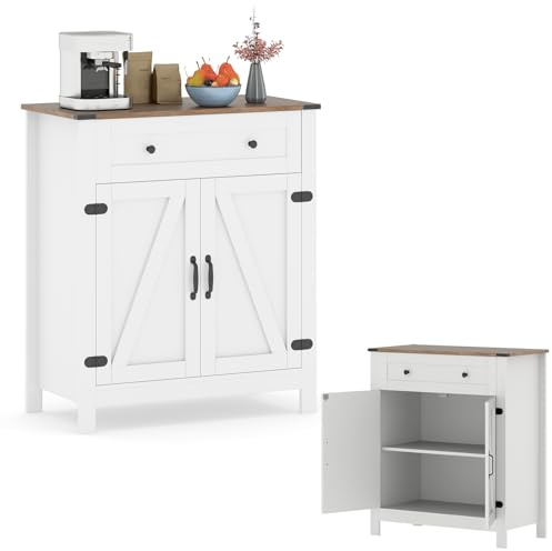 KOMFOTTEU Buffet de Cuisine, 1 Tiroir & Armoire à 2 Portes, 80 x 40 x 92 cm | Meuble Rangement, Étagère réglable à 3 Niveaux, Buffet Bas, Kit Anti-basculement, pour Salon, Salle à Manger, Blanc