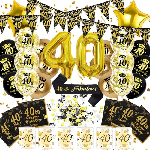 40 Geburtstag Deko Männer Frauen, Schwarz Gold Zahlenballon 40. Geburtstag | Geburtstagsdeko 40 Jahre, Schwarz Gold Party Deko, Happy 40th Birthday Banner, 32 Zoll Zahlenballons, Schärpe und Ballons