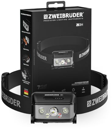 Zweibrüder ZB3H Stirnlampe 600 Lumen, LED Kopflampe mit Rotlicht | USB-C aufladbar, Digital Focus, wiederaufladbarer Akku, ideal für Alltag, Outdoor, Camping
