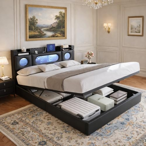 LieABak Boxspringbett 140x200 cm mit Stauraum, Polsterbett Jugendbett mit Bettkasten, Hydraulisch Stauraumbett mit Offenen Regalen, Doppelbett Bettgestell mit Lattenrost, PU (Schwarz, 140x200cm)