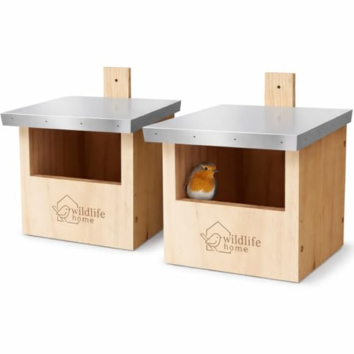 WILDLIFE HOME Vogel Nistkasten für Rotkehlchen mit Metalldach – 2er Set, Halbhöhle für Zaunkönig & Halbhöhlenbrüter I nach NABU aus Massiv-Holz I Wetterfest & Unbehandelt I Vogelhaus, 2 Stück