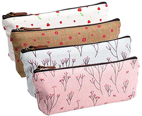 MINGZE 4 Stück Leinwand Stift Federmäppchen Stiftemappe stiftemäppchen Griffelmappe, Briefpapier-Beutel-kosmetischen Taschen frisches Blumenmuster