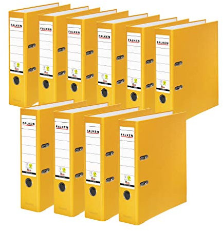 Original Falken 10er Pack PP-Color Kunststoff-Ordner. Made in Germany. 8 cm breit DIN A4 gelb Vegan Ringordner Aktenordner Briefordner Büroordner Plastikordner Schlitzordner