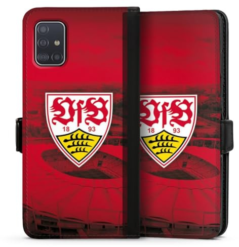 Klapphülle kompatibel mit Samsung Galaxy A51 Handyhülle aus Kunst Leder schwarz Flip Case VfB Stuttgart Stadion Offizielles Lizenzprodukt