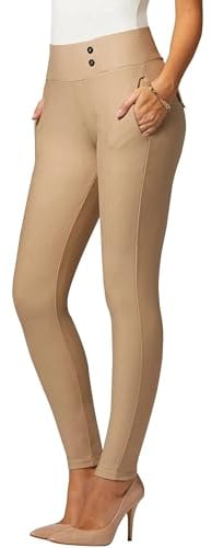 Premium Women's Stretch Dress Pants - Wear to Work - Ponte Treggings - Slim Leg with Buttons - Beige Nude - DP-SlimButtons-Khaki-XX-Large Plus