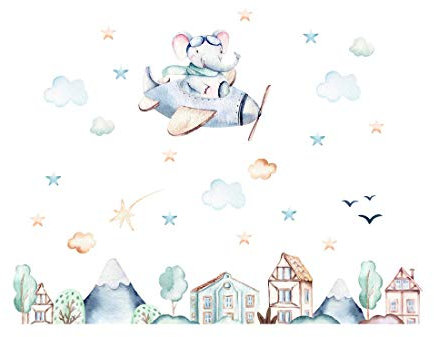 Osomhome Wandtattoo Kinderzimmer Junge & Mädchen: Elefant im Flugzeug (130x100cm) | Wandsticker Kinderzimmer Deko | Babyzimmer Deco Wanddeko | Wandaufkleber Wandbild Kinderbilder os7808