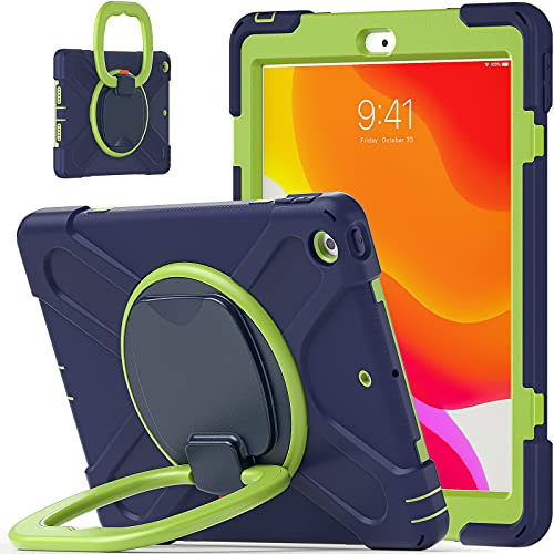 Bspring Funda para iPad de 8a/7a Generación Estuche Resistente para Protección de Cuerpo Completo con Soporte Giratorio 360/Correa de Mano (Azul + Verde)