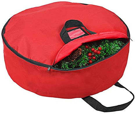Warmiehomy Wreath Storage Bag, Waterproof and Dustproof Garland Storage Bag with Labeling Slot & Handle Carry, 600D Oxford Christmas Wreath Storage for Christmas Party Decor 76 x 20cm (Red - A)