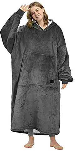 Long Hoodie Blanket, Warm Gifts for Women, Oversized Thick Sherpa Sweatshirt, Soft Cozy Wearable Blanket, Giant Hoody Sweater Adults Men Grey