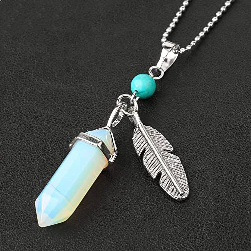 &ET Edelstein Kette,Silber Feder Anhänger Natürliche Hexagonal Kugel Edelstein Kristall Anhänger Opal Halskette Mit Silberkette Für Frauen Männer Weihnachtsschmuck