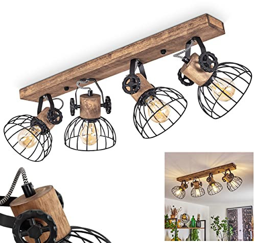 Deckenleuchte Orny, Deckenlampe Vintage-Design aus Holz/Metall in Braun/Schwarz m. Schirmen in Gitter-Optik, Leuchte m. Holzbalken, Textilkabeln u. verstellbaren Strahlern, 4 x E27, ohne Leuchtmittel