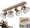 Deckenleuchte Orny, Deckenlampe Vintage-Design aus Holz/Metall in Braun/Schwarz m. Schirmen in Gitter-Optik, Leuchte m. Holzbalken, Textilkabeln u. verstellbaren Strahlern, 4 x E27, ohne Leuchtmittel
