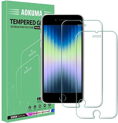 AOKUMA Tempered Glass for iPhone SE 3, Screen Protector, [2 Pack] Premium Quality Guard Film, Case Friendly, Shatterproof, Shockproof, Scratchproof, Oilproof