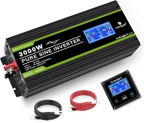 NOVOPAL 3000W 6000W Convertisseur Pur Sinus 12V 220V 230V Onduleur Transformateur avec écran LCD,2 Prises EU AC,1USB,5M Télécommande,Convient pour Camion, Camping, Voyage,Voitures
