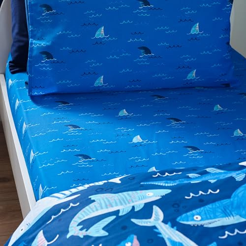 Catherine Lansfield Kids Jawsome Shark Single Fitted Sheet Navy Blue