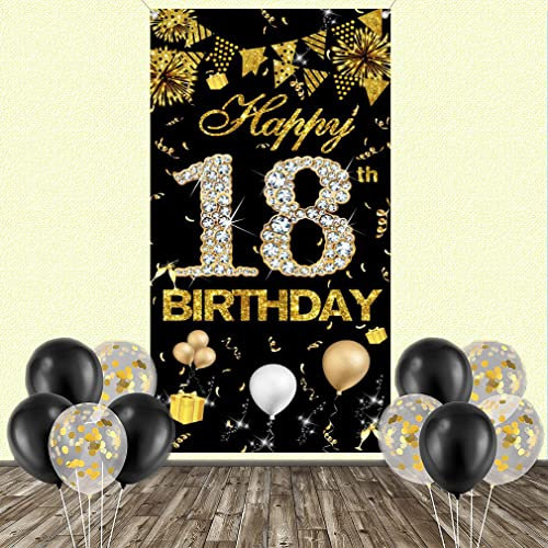 18 Geburtstag Dekoration für Mädchen, Schwarz und Gold Stoffschild Poster, 18 Geburtstag Tür Banner für Mädchen Geburtstag Party Supplies Willkommensschild