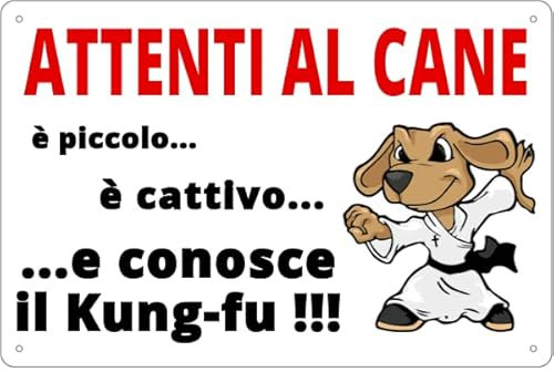 Social Crazy - Segnale in Alluminio 20x31 cm - Umoristico - Rosso, Giallo, Arancione, Nero - Attenti al cane, è piccolo e cattivo