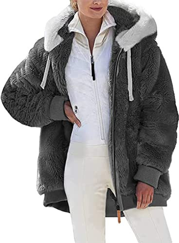 Nsercvb Fleecejacke Damen,Winterjacke Damen Teddy Fleece Mantel Warm Gefüttert Winter Kapuzenpullover Flauschig Plüschjacke Sweatshirt mit Kapuze und Taschen Reißverschluss Winterjacke Oversize, M