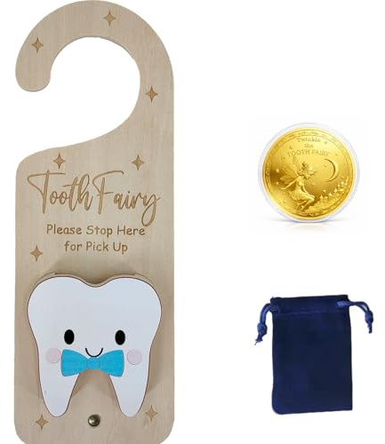 PAMBO Porta fatina dei denti, porta fatina dei denti, in legno, con monete dei denti, regalo per bambini, blu