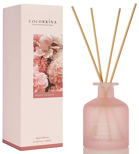 COCORRÍNA diffuseur de Parfum - Rose et Feuilles de thé 200ml parfums d'intérieur avec bâtonnets Diffuseur Reed d'huiles essentielles pour la Chambre à Coucher, la Salle de Bain, l'étagère et
