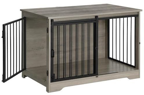 Hzuaneri Hundekäfig Möbel, 100cm hundebox für zuhause, Schiebetüren, Moderne hundebox Holz Indoor für kleine/mittlere/große Hunde, Hundekäfig für Zuhause, 60 x 100 x 68 cm, Hell Elfenbein DFC02305B