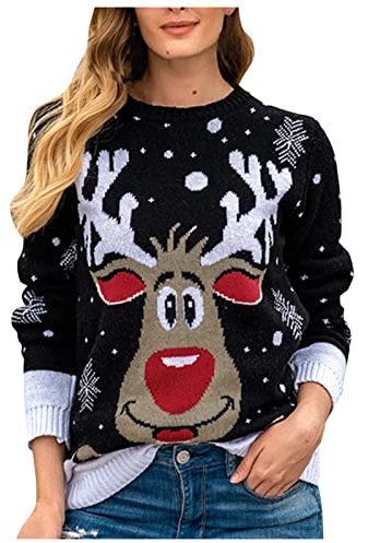 Weihnachtspullover Damen Weihnachten Kapuzenpullover Sweatshirt Hoodie Leichtes Oberteil Pullover Mode Shirt mit Wichtel Weihnachtsdruck Pulli Sweater Damenpullover Sport Jumper WinterpulloverA007
