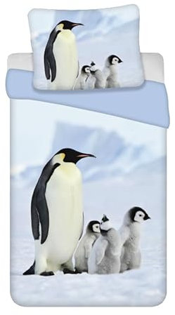 Brandmac - Bettwäsche-Set Vogel – Bettbezug 140 x 200 cm + Kissenbezug 65 x 65 cm, Pinguine – 100 % Baumwolle, Sateen, wendbar, Weiß und Schwarz, 300 TC, Maschinenwäsche, 1 Stück