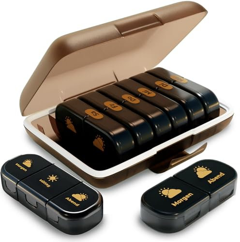 XL OWeise Tablettenbox Set: Große wöchentlicher Pillenbox für 7 Tage mit 2 Fächer + Kleine Pillendose mit 3 Fächer für die Reise. Deutsch