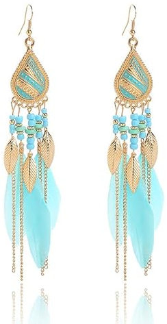 fdsmall Ohrringe Faux Feder Ohrringe Bohemian Fringe Tassel Long Drop Dangle Earrings Jewelry Long Vintage Dangle Earrings for Women's (Blue)