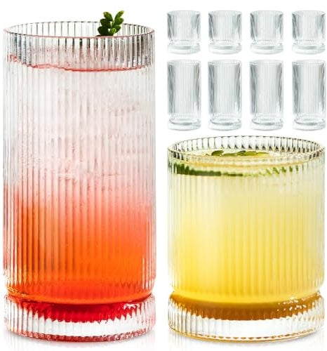 KEMORELA Ribbed Glassware Set of, Origami Style 16 Oz XL Drinking Glasses with Straws, Vintage Glassware Set - Glass Cups, Iced Coffee Cups Perfect for Cocktails, Smoothies, Juice, Beer (8Pcs)