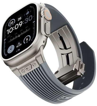 NewWays Watch Band for Apple Watch Ultra 2 Band 49mm 45mm 44mm 42mm, Luxury Rugged Silicone Rubber Strap with Metal Connector & Folding Deployment Clasp for iWatch Ultra Series 9 8 7 6 5 4 3 2 1 SE
