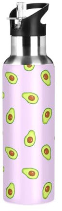 Wasserflasche mit Strohhalm, auslaufsicher, Wärmflasche, Früchte, Avocado, Rosa, vakuumisolierte Flasche für Mädchen, Jungen, Sport, 600 ml