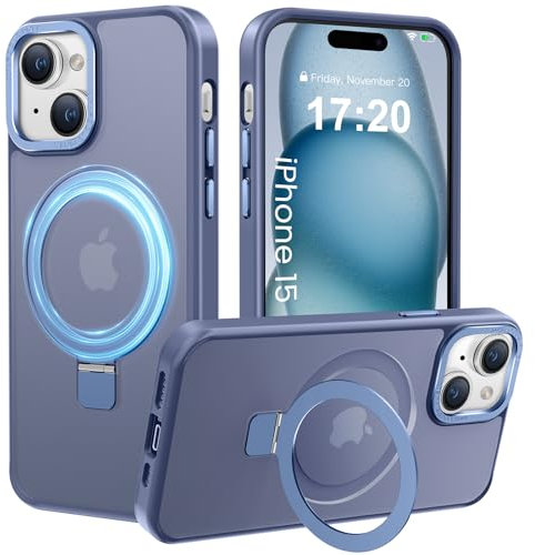 PuyaTeya Handyhülle für iPhone 15 Hülle, [mit Unsichtbarem Ständer ][mit Magnetic] Kratzfeste Anti-Fingerabdruck [Transluzente Matte] Hülle für iPhone 15 6.1(Far Peak Blue)