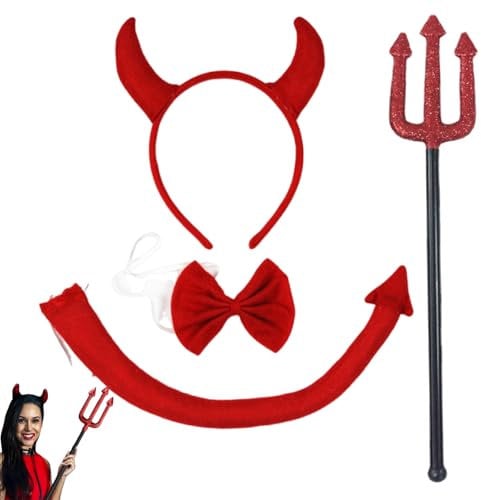 ARROMI Devil Horns and Fork Costume Set, Devil Horns Headband, Tail, Bow Tie, Adult Unisex Halloween Costume Party Headwear (Red)