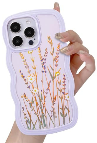 UEEBAI for iPhone 12 Pro Max Case, Floral Wave Frame Cute Curly Anti-slip Flower Case with Aesthetic Pattern, TPU Slim Bumper Shockproof Protective Cover for Women Girls - Lilac