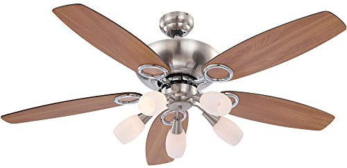GLOBO Deckenventilator Lüfer Kühler Zugschalter Wohnzimmerlampe Raumkühler, Nickel-matt Chrom, MDF, 5x E14 LED, DxH 130x49,5 cm