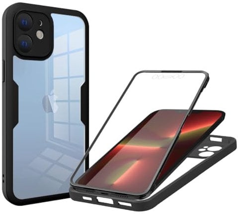 Draamvol for iPhone 11 Case Built-in Screen Protector Clear Silicone Bumper Cover Shockproof 360°Full Body Drop Protection Transparent Cover for iPhone 11 Phone Case, Black