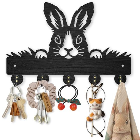 MAYJOYDIY Porte Clef Mural en bois de Lapin d'herbe 30×20cm Porte clé mural Design de Animal lapin Porte Manteau avec 5 crochets en alliage pour Décoration de Maison, Cuisine, Entrée, Bureau