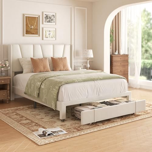 viplov King Size Bed Frame, 5ft1 Upholstered Platform Bed with Tufted Headboard & Wing Side and Storage Drawers, Wood Slat Support, Mattress Foundation, No Box Spring Needed, Beige