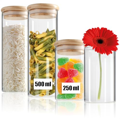 com-four® 4x Vorratsgläser Set, 2x 250ml & 2x 500ml mit Bambusdeckel | Luftdichte Glasdosen für Gewürze - Kaffee - Tee & mehr - Kompaktes Aufbewahrungsset für Küche & Alltag