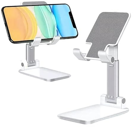 Universal Adjustable Phone and Tablet Stand, Foldable Mobile Phone Stand, Adjustable Metal Desk Desktop Tablet Universal Cell Phone Holder for All Smartphones (White)