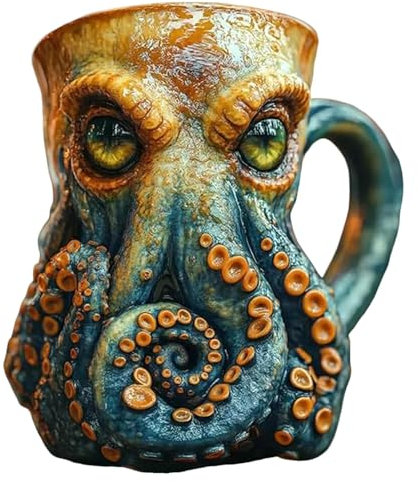 Octopus Coffee Mug with 3D Kraken Design, Unique Ceramic Tankard for Men, Viking Pirate Style Beer Cup for Bar Home Decor, Medieval Themed Octopus Mug Gift, Resin Drinkware for Tea, Ale, Coffee (A)