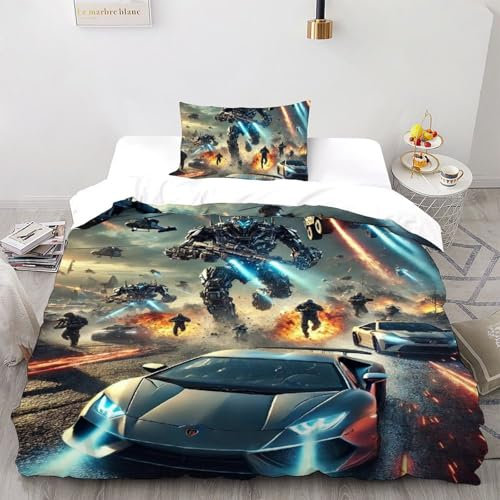 COVETRIL Lamborghini with His Convoy Destroying Robots Bettbezug Kinderbettwäsche-Set Reißverschluss Mit Kissenbezug Wildtier Betten Set Für Jugendliche Kinder Schlafzimmer Single（135x200cm）