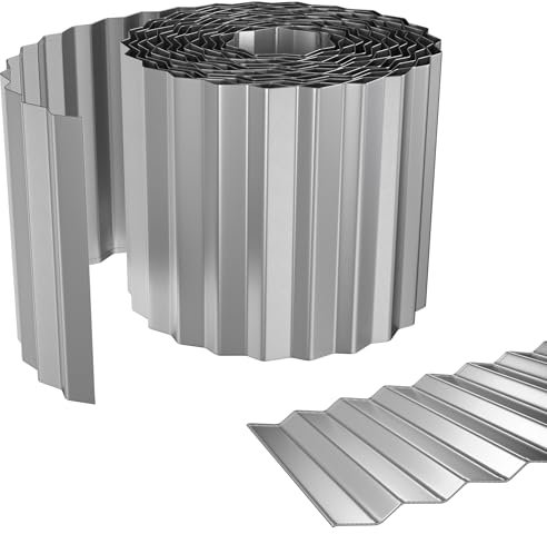 SUBTLETY 10m Verzinkt Metall Rasenkante Roll Flexible Beeteinfassung 18cm Höhe Gartendekorativ Beetumrandung Palisade Schneckenzaun Mähkante für Gartenrasen, Baumschule (Silber)