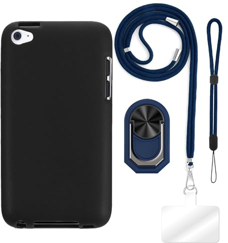 ESACMOT Zubehör-Bundle für Hülle für iPod Touch 4 - Schwarz+Blau | 3.5 4-in-1-Kombo inklusive TPU-Hülle, Crossbody-/Nackenlanyard, Handgelenkband und Fingerringständer