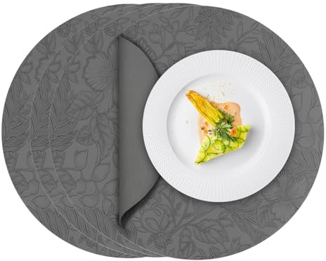 ToVioc Tovagliette Americane Lavabili Rotonde Pelle, Sottopiatti Rotondi Eleganti per Cucina, Ristorante & Ufficio, Tovaglietta Americana in Design Floreale (34 cm Ø, Set di 4) - Grigio