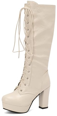 Bviennic Donna Stivali Alti Tacco Alto a Blocco con Plateau Retrò Punta Rotonda Cordoncino Motocycle 2436 Beige Numero 41 EU/43Cn