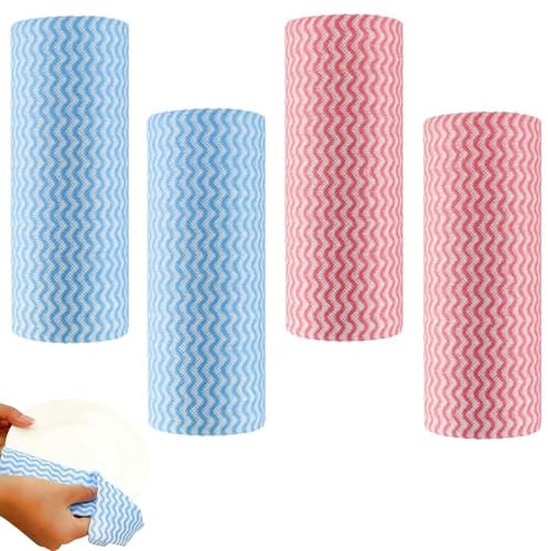 Wischtücher auf Rolle, 4 Rollen Einweg Reinigungstücher | Putztücher auf Rolle Lappen Vliesstoffe Küchentücher Putztuch für Wohnküche Esstisch Rolle Lappen Rolle (2 Rot und 2 Blau)
