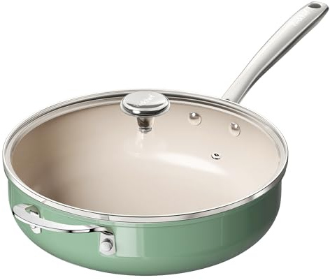 Redchef Ceramic Saute Pan with Lid, Nonstick Deep Frying Pan, 5QT Jumbo Cooker with Helper Handle & Lid, Non Toxic Ceramic Cooking Pan, Chef Pan, Dishwasher & Oven Safe, PFAS PFOA & PTFE Free（Green）