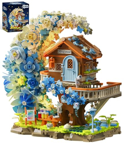 Loyratche Blue Moon Ensemble de construction de maison de fleurs avec lumière, collection botanique, kit de construction de cabane dans les arbres, compatible avec Lego pour adultes, cadeau créatif
